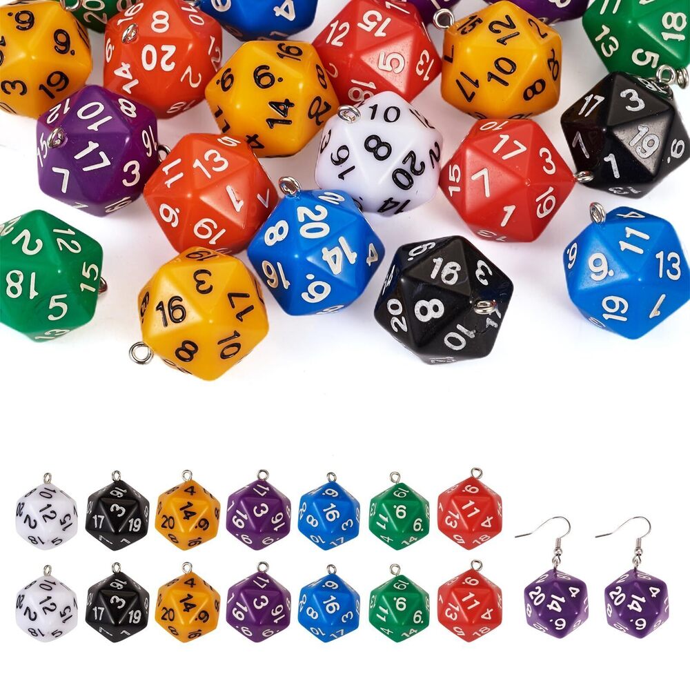 9114 20pcs D20 Dice Charms Opaque Acrylic 20 Sided Dice Pendants Random